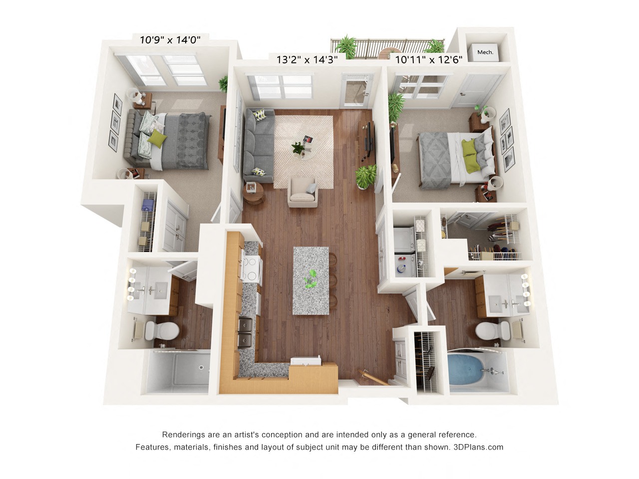 Floor plan for 2 beds, 2 baths, 941 sqft